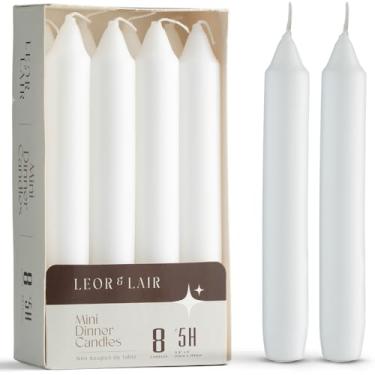 Imagem de Leor & Lair Velas curtas afuniladas de 15 cm – Pacote com 8 castiçais brancos – Velas curtas sem cheiro com pavio de algodão – Queima de 5 horas pequenas velas cônicas para Natal, casamentos, jantares