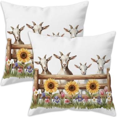 Imagem de Puacino Conjunto de 2 capas de almofada de girassol Farm Goat 45,7 x 45,7 cm, capas de almofada decorativas de dupla face para sofá de fazenda