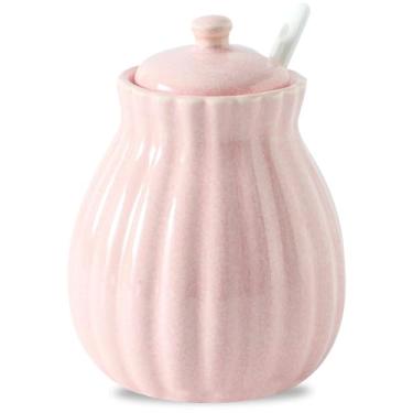 Imagem de Açucareiro com tampa e colher, recipiente de açúcar de cerâmica para barra de café, suporte de pote de açúcar, tigela distribuidora de açúcar para sal marinho, especiarias e açúcar, rosa