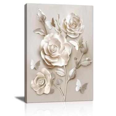 Imagem de WENGTIAO Arte de parede em tela de flora bege com rosas neutras borboletas pôster moderno botânico minimalista pintura de flores imagem elegante arte de flores para sala de estar quarto banheiro 30 x