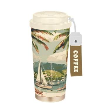 Imagem de SEHANY Caneca de viagem com palmeira de verão, 482 g, copos de café reutilizáveis revestidos de cerâmica com tampa à prova de vazamento, parede dupla, isolamento a vácuo, copo de café de aço