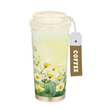 Imagem de SEHANY Caneca de viagem Green Grasses Wildflower 482 g Copos de café reutilizáveis revestidos de cerâmica com tampa à prova de vazamento, parede dupla, isolamento a vácuo, copo de café de aço