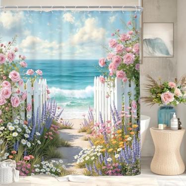 Imagem de Riyidecor Cortina de chuveiro praia oceano flores silvestres floral flor litorânea paisagem náutica mar costeiro céu azul 152 cm L x 182 cm decoração de tecido banheiro poliéster impermeável pacote