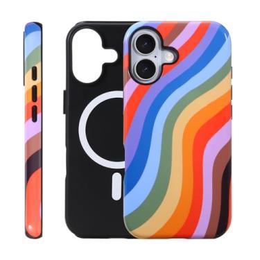 Imagem de Fourmor Capa para iPhone 17 - Carregamento sem fio para MagSafe, capa externa rígida de policarbonato + capa protetora interna de TPU macio de 2 camadas à prova de choque, estampa de listras arco-íris