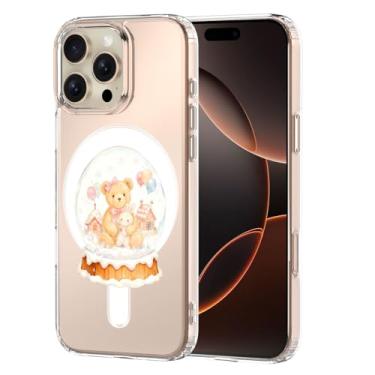 Imagem de MAYCARI Capa de telefone de Natal para iPhone 16 Pro compatível com ímã bola de cristal urso coelho capa de telefone magnética transparente para meninas e mulheres capa protetora à prova de choque