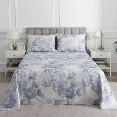 Imagem de Puralens Jogo de lençol king de percal floral chique azul gasto, 100% algodão, flor branca, lençol com bolso profundo, abstrato, estético, macio, conjunto de cama de casa de campo vintage, 4 peças