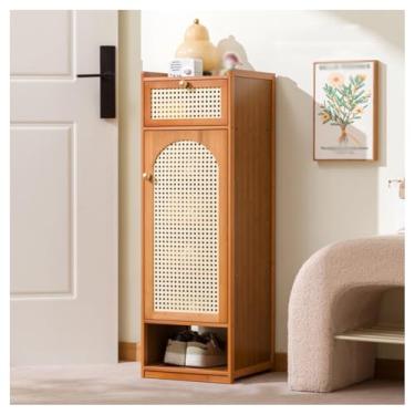 Imagem de SPXMQSS Sapateira vertical de bambu, sapateira estreita para entrada, prateleira independente com porta, armário de sapatos para entrada, corredor, quarto, marrom, 7 níveis 31 x 31 x 94 cm