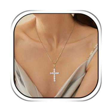 Imagem de HZMAN Colar de cruz para mulheres, pingente de cruz de cristal de ouro e prata de aço inoxidável, colar pequeno e delicado, presente moderno para ela, Aço inoxidável, Zircônia cúbica
