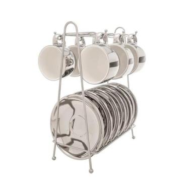 Imagem de Conjunto 6 Xícaras de Café com Pires e Suporte Versa Prata/Branco Wolf