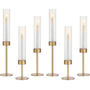 Imagem de Conjunto de 6 castiçais de vidro Hurricane, castiçais de latão, castiçais cônicos, centro de mesa de jantar elegante para casamento, Natal e decoração de casa com nervuras