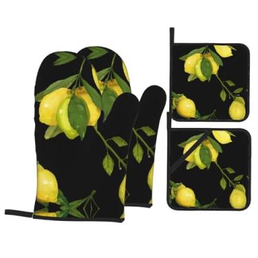 Imagem de Lemon - Conjunto de luvas de cozinha com suportes de tampa, luvas de forno resistentes ao calor para manusear panelas quentes, grelhar, churrascos, kit de 4 peças.
