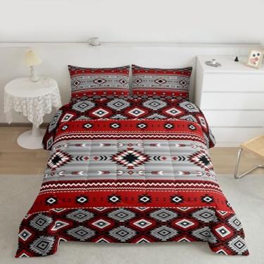 Imagem de jejeloiu Conjunto de edredom boêmio, tamanho Queen, nativo do sudoeste, para crianças, meninos, meninas, tribal, asteca, country, edredom vermelho, 3 peças com 2 fronhas
