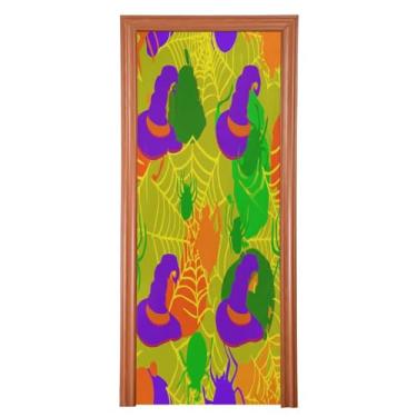 Imagem de Qilmy Decoração de capa de porta de Halloween 89 x 200 cm tecido grande placa de decoração de festa de Halloween para porta da frente Halloween chapéu de bruxa varanda decoração externa janela parede