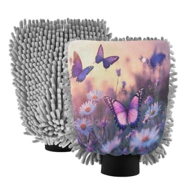 Imagem de STAYTOP Lindas luvas roxas para lavagem de carro com borboletas e margaridas, 2 peças, luvas de microfibra de chenille, panos de esponja de lavagem ultra absorventes para carros, limpeza doméstica - L