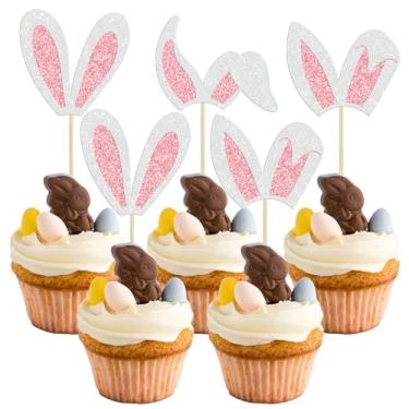 Imagem de Gyufise 24 peças de enfeite de cupcake de orelha de coelho da Páscoa com glitter, decoração de cupcake de páscoa feliz para decoração de bolo para tema de Páscoa, primavera, aniversário, chá de bebê