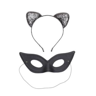 Imagem de Lofruiin Tiara feminina de orelha de gato e máscara para festa de Halloween, adereços de maquiagem (preto 2)