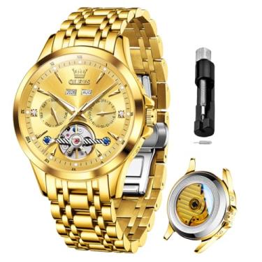 Imagem de OLEVS Relógios automáticos masculinos mecânicos luxuosos com corda automática, vários calendários, aço inoxidável, à prova d'água, relógios de pulso para homens, relógios dourados automáticos, relógio
