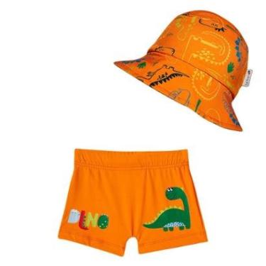 Imagem de Shorts Praia Bebê com Chapéu Proteção UV Dino Laranja Tip Top-Masculino