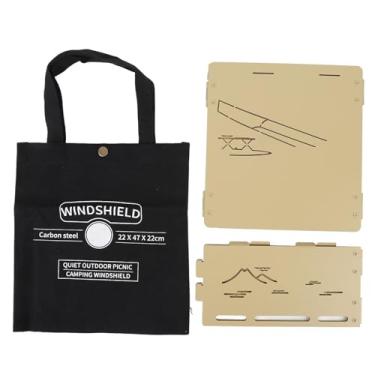 Imagem de Fogão de acampamento pára-brisas ao ar livre dobrável fogão a gás pára-brisa bloqueador de com saco de armazenamento para caminhadas piquenique cozinhar 4 dobras material de aço (Cáqui)