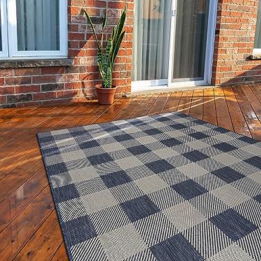 Imagem de CAMILSON Tapete para ambientes externos – Tapetes modernos para pátios internos e externos, tapetes de cozinha e corredor – Tapete externo lavável (15 x 23 cm, búfalo – azul/branco)