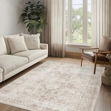 Imagem de FMFUNCTEX Tapete lavável 10 x 12 cm, neutro, vintage, bege, antiderrapante, camada baixa, tradicional, para entrada, sala de estar, quarto, macio, retrô, floral, tapete para jantar, escritório