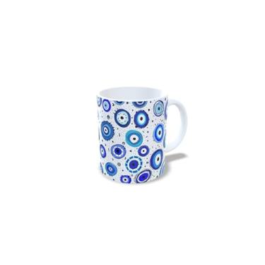 Imagem de Caneca de Cerâmica Olho Grego, Branco e Azul, 325ml, com Estampa de Olhos e Mãos de Hamsá (17367)