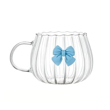 Imagem de Copo de vidro de abóbora com laço, copo de bebida, laço fofo, camada única, reutilizável, xícara de café com alça vertical listrada para leite, chá, expresso, cappuccino, mocha