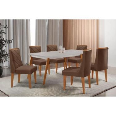 Imagem de Sala Jantar Mesa Havana Tampo c/ Vidro Curvo 180cm+6 Cadeiras Pietá Madeira Naturale/Off White - Capuccino/Suede Marrom - Rufato