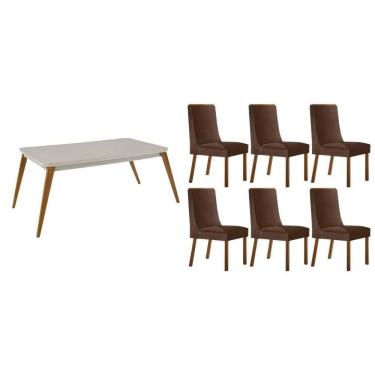 Imagem de Sala Jantar Mesa Havana Tampo c/ Vidro Curvo 180cm+6 Cadeiras Dakota Madeira Naturale/Off White - Capuccino/Suede Marrom - Rufato