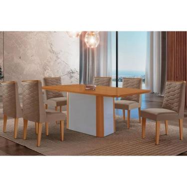 Imagem de Sala Jantar Mesa Pietá Tampo Curvo 180cm+6 Cadeiras Dafne Madeira Naturale/Off White - Capuccino/Suede Capuccino - Rufato