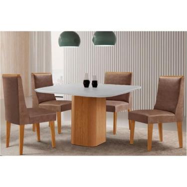 Imagem de Sala Jantar Mesa Maldivas Tampo c/ Vidro Curvo 90cm+4 Cadeiras Dakota Madeira Naturale/Off White - Capuccino/Corano Capuccino - Rufato
