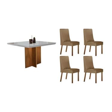 Imagem de Sala Jantar Mesa Berlim Tampo c/ Vidro Curvo 90cm+ 4 Cadeiras Dakota Madeira Naturale/Off White - Capuccino/Linho Bege - Rufato