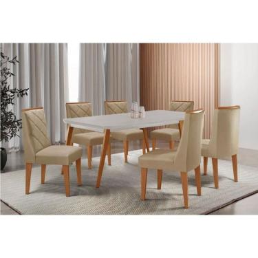 Imagem de Sala Jantar Mesa Havana Tampo c/ Vidro Curvo 180cm+6 Cadeiras Pietá Madeira Naturale/Off White - Capuccino/Linho Bege - Rufato