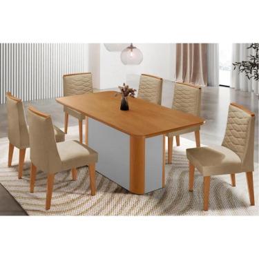 Imagem de Sala Jantar Mesa Pietá Tampo Curvo 180cm+6 Cadeiras Maldivas Madeira Naturale/Off White - Capuccino/Linho Bege - Rufato