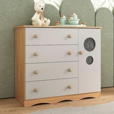 Imagem de Cômoda Infantil 95cm 1 Porta com Vidro e 4 Gavetas Sonho Multimóveis Mp4474 Madeirado/off White