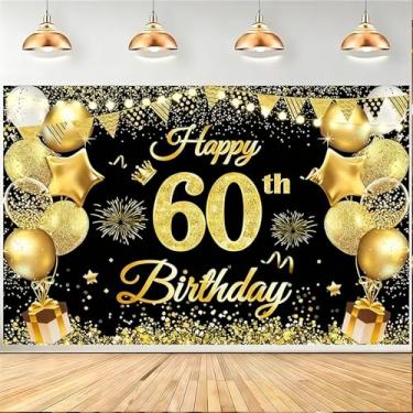 Imagem de Faixa de aniversário de 60 anos - preto e dourado - 189 x 113 cm - decoração de feliz aniversário de 60 anos