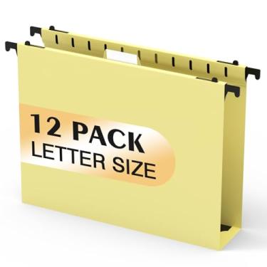 Imagem de Pastas de arquivo de plástico com capacidade extra, pacote com 12 pastas suspensas reforçadas, expansão de 5 cm, tamanho carta para arquivos em massa/gráficos médicos (amarelo creme)