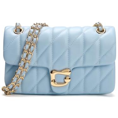 Imagem de Bolsa tiracolo acolchoada para mulheres moderna - Bolsa de ombro feminina de couro, bolsa de mão de designer para noite com alça de corrente, Azul, Transversal
