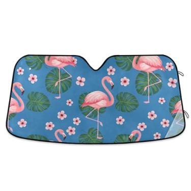 Imagem de Toldo de sol azul flamingos de folhas tropicais para para-brisas de carro, engraçado, personalizado, dobrável, para janelas dianteiras, floral, retrátil L, 144,8 cm x 80 cm