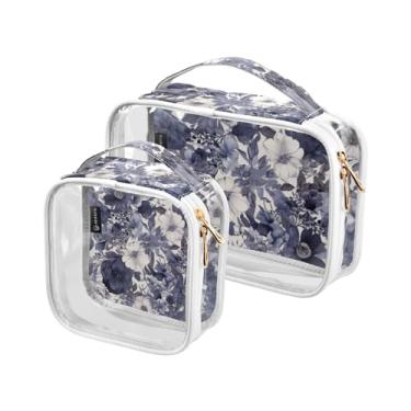Imagem de GAIGEO Ônibus retrô com estampa de primavera, pacote com 2, bolsa transparente para viagem, bolsas transparentes de maquiagem para viagens, Aquarela roxa floral, one size