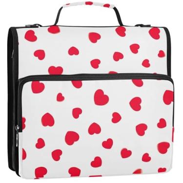 Imagem de Red Hearts Organizador de fichário branco com zíper de 3,5 polegadas, 3 anéis, bolsa de fichário resistente com alça para vários bolsos escolares, pasta grande para portfólio 34,5 x 31,5 x 9 cm