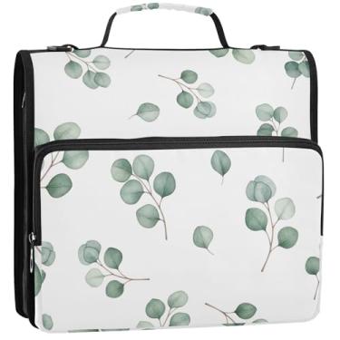 Imagem de Fichários com 3 anéis de 3 anéis, folhas verdes em aquarela, branco, com zíper, organizador de fichários com alça, bolsa escolar rosa, suporte para 500 folhas, 34,5 x 31,5 x 8,9 cm