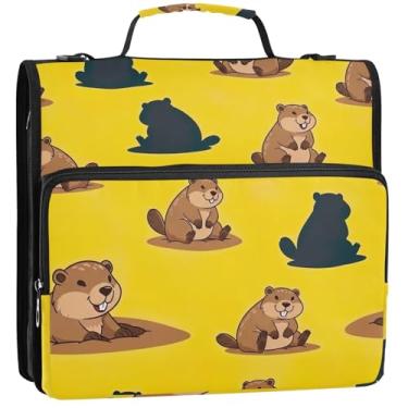 Imagem de Organizador de fichário com zíper fofo desenho animado Groundhogs 3,88 cm 3 argolas bolsa de fichário de desenho pesado com alça vários bolsos pasta grande para portfólio, 34,5 x 31,5 x 9 cm