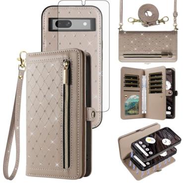Imagem de Asuwish Capa de celular para Google Pixel 7A 5G 2023 com zíper carteira magnética destacável protetor de tela de vidro temperado alça transversal flip Bling Flip suporte para cartão de crédito Pixel7A