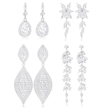 Imagem de AKEOQI 4 pares de brincos de pressão para mulheres, não perfurados, zircônia cúbica, pingente de gota, conjunto de brincos de borla longa com strass brilhante para noivas, damas de honra, festa de