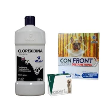Imagem de Kit Antipulga Cães Ivercanis 3mg Shampoo Clorexidina 500ml Coleira 19g Proteção Pulgas Carrapatos Sarna