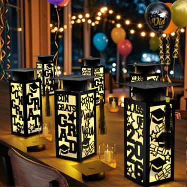 Imagem de 6 peças de mesa de formatura caixas de centro de mesa classe de 2025 caixas de lanternas de papel de formatura com LED vazado preto para parabéns pós-graduação escola decoração de mesa faculdade