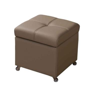 Imagem de Armazenamento Pequeno Banco De Armazenamento De Couro Descanso Para Os Pés Para Sala De Estar Banqueta De Rodinhas De Baixa Altura Com Rodízio(Khaki,32cm/12.6in)