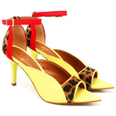 Imagem de Sandália Bico Folha Salto Médio em Couro Siciliano Onça Ella's, 37, Fe