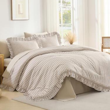 Imagem de Andency Jogo de cama Queen com babados caramelo (224 x 232 cm), 3 peças (1 edredom com babados e 2 fronhas) de fazenda lisa, chique, vintage rústico de microfibra macia